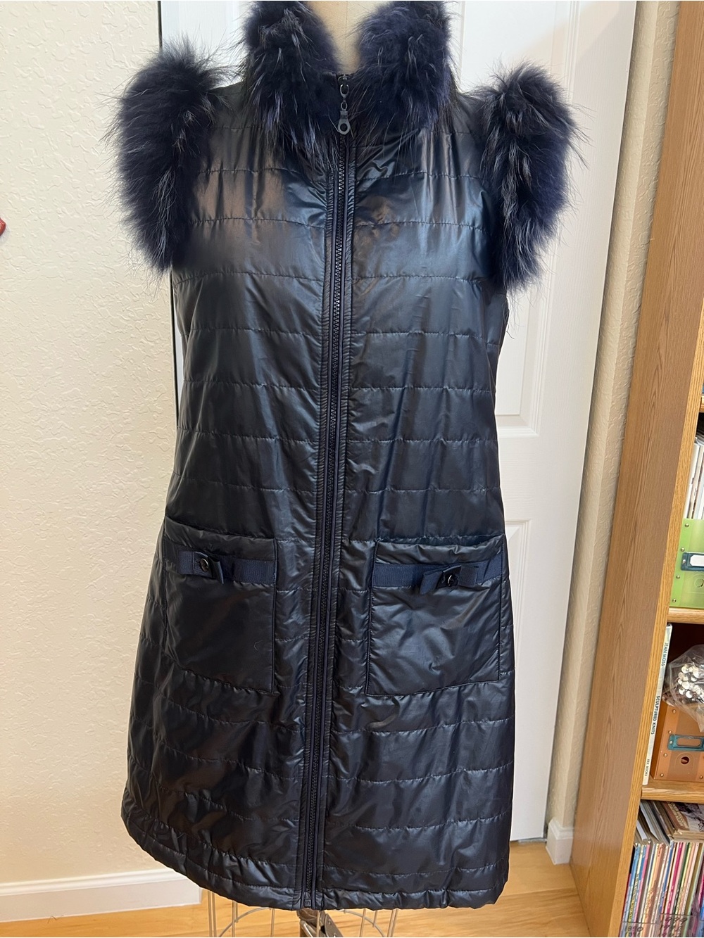 Womens midnight navy Quilted real Fur Trim Sleeveless Puffer Vest
